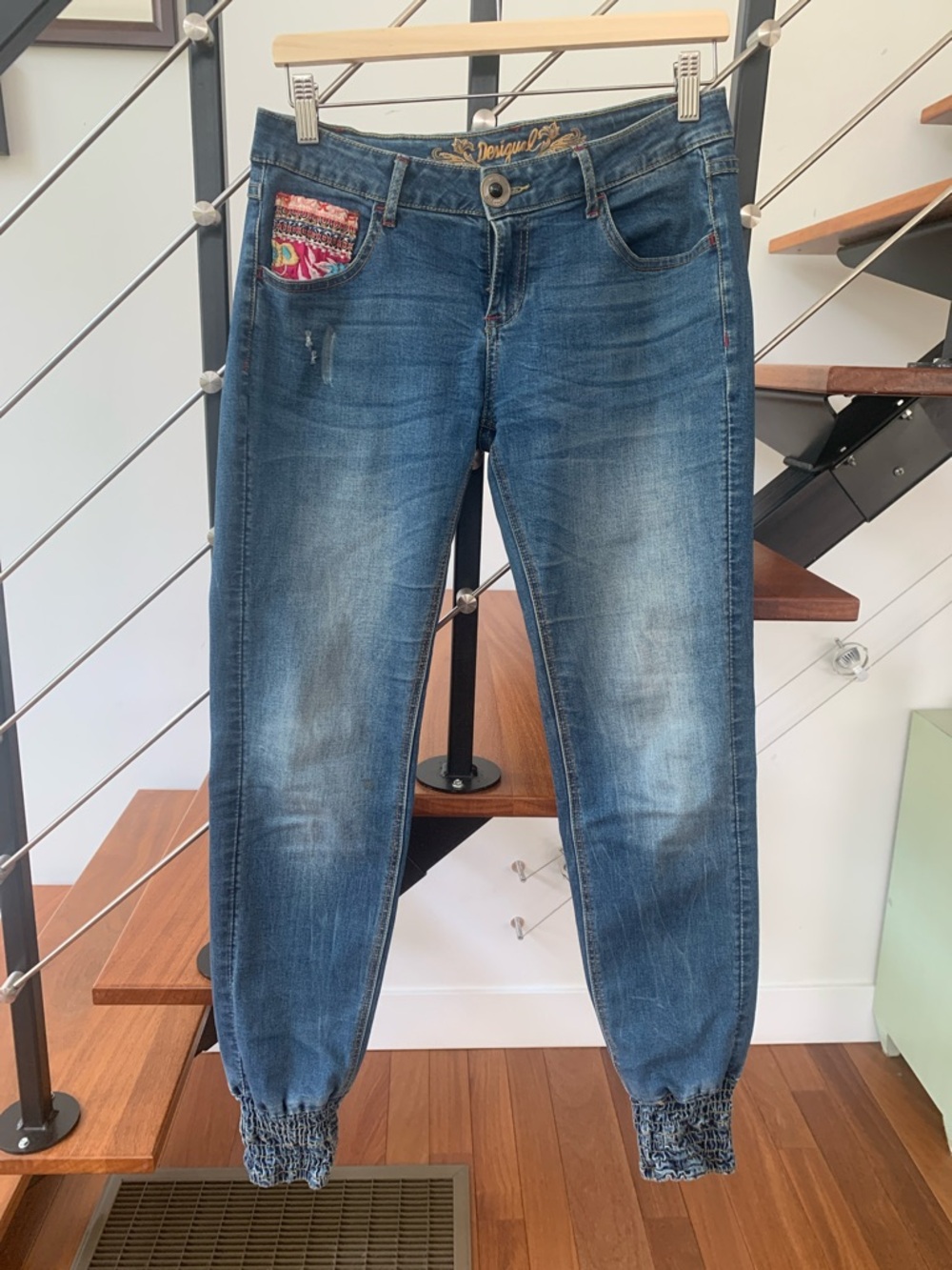 Desigual Blue Denim Ankle Jogger Jeans with Embroidered Pocket